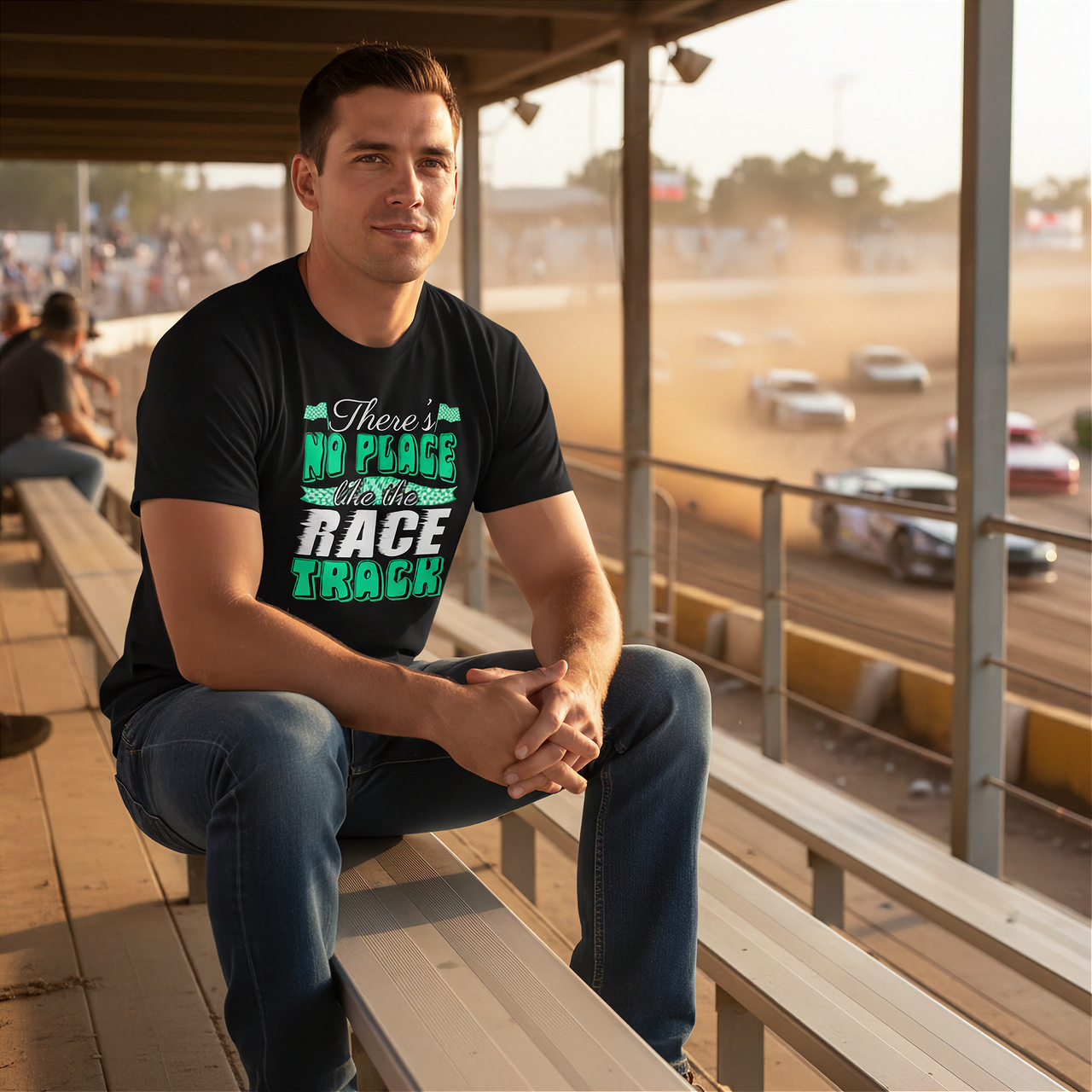 Green custom racing apparel featuring the phrase There's No Place Like The Race Track for stock car, drag racing, and dirt track fans.