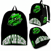 Bright green custom sprint car racing backpack displaying a high-speed winged dirt track car graphic, featuring reinforced black zippers, breathable mesh padding, and adjustable ergonomic straps isolated against a clean white background.