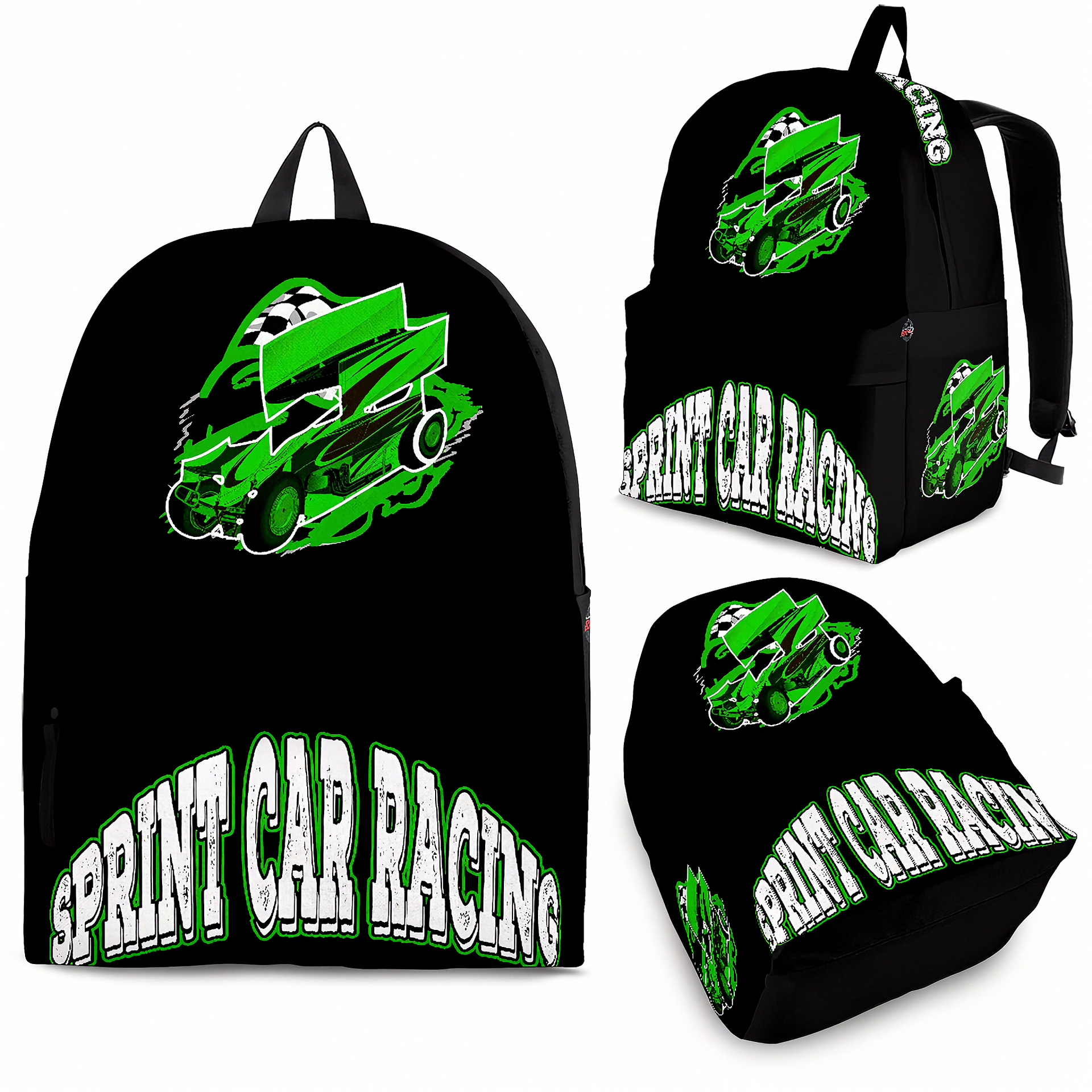 Bright green custom sprint car racing backpack displaying a high-speed winged dirt track car graphic, featuring reinforced black zippers, breathable mesh padding, and adjustable ergonomic straps isolated against a clean white background.