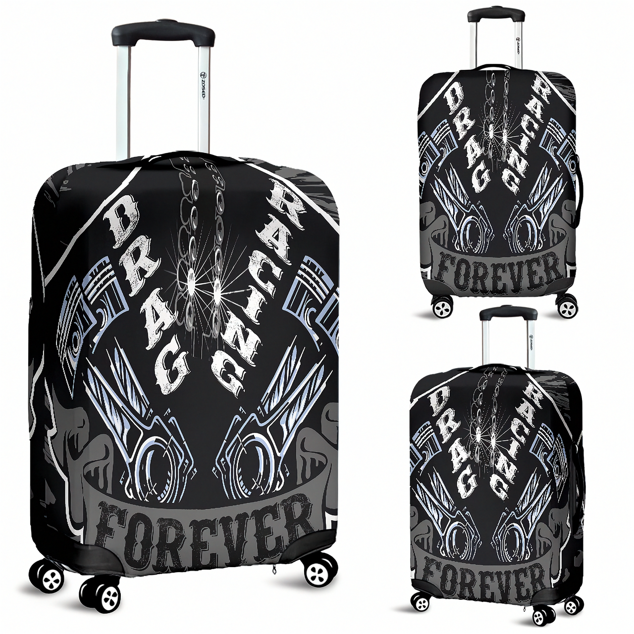 Sleek grey drag racing themed luggage cover designed for motorsport fans, featuring a protective stretch-fit spandex blend and a zipper-bottom.