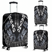 Sleek grey drag racing themed luggage cover designed for motorsport fans, featuring a protective stretch-fit spandex blend and a zipper-bottom.