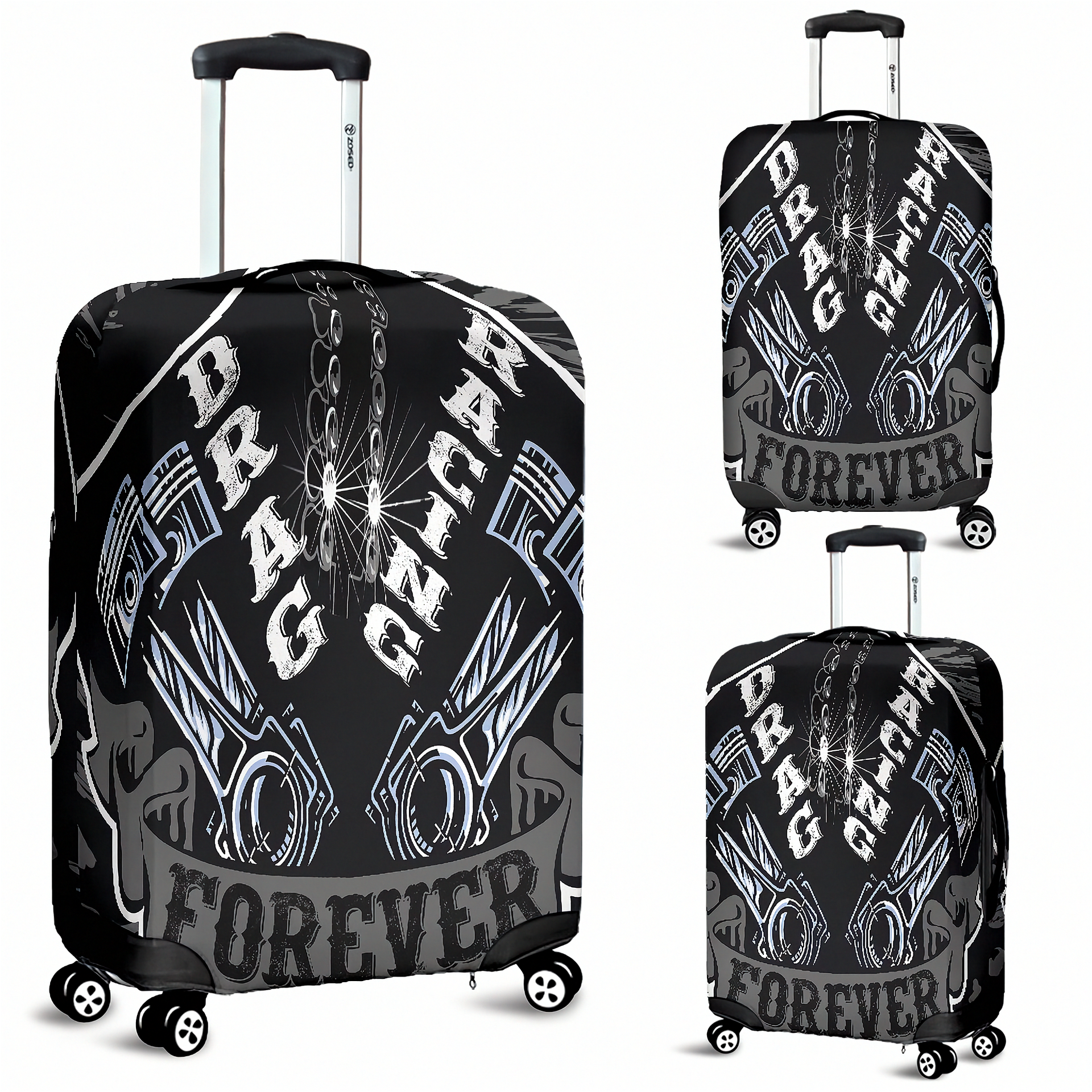 Sleek grey drag racing themed luggage cover designed for motorsport fans, featuring a protective stretch-fit spandex blend and a zipper-bottom.