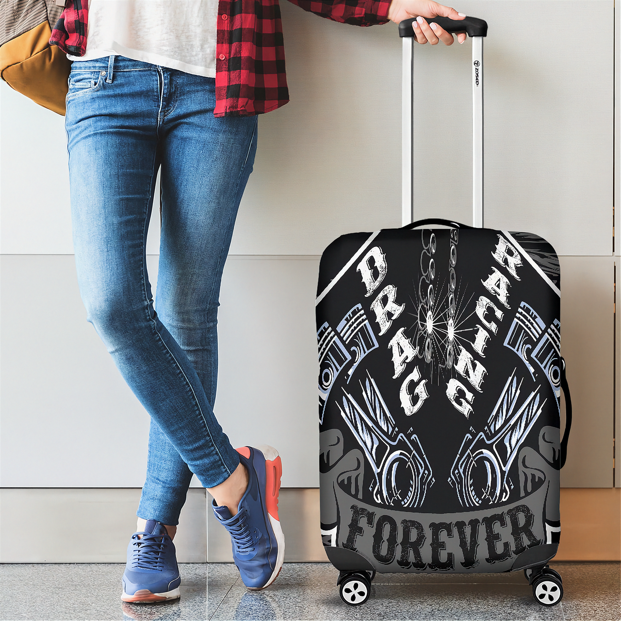 Sleek grey drag racing themed luggage cover designed for motorsport fans, featuring a protective stretch-fit spandex blend and a zipper-bottom.