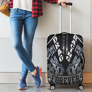 Sleek grey drag racing themed luggage cover designed for motorsport fans, featuring a protective stretch-fit spandex blend and a zipper-bottom.
