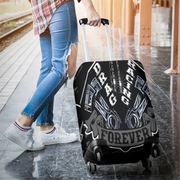 Sleek grey drag racing themed luggage cover designed for motorsport fans, featuring a protective stretch-fit spandex blend and a zipper-bottom.