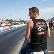 A premium black cotton crewneck t-shirt featuring the sentimental motorsport quote "I Asked God For A Racing Partner He Sent Me My Daughter" printed in bold vintage white typography with two crossing racing flags, isolated flat on a white background.