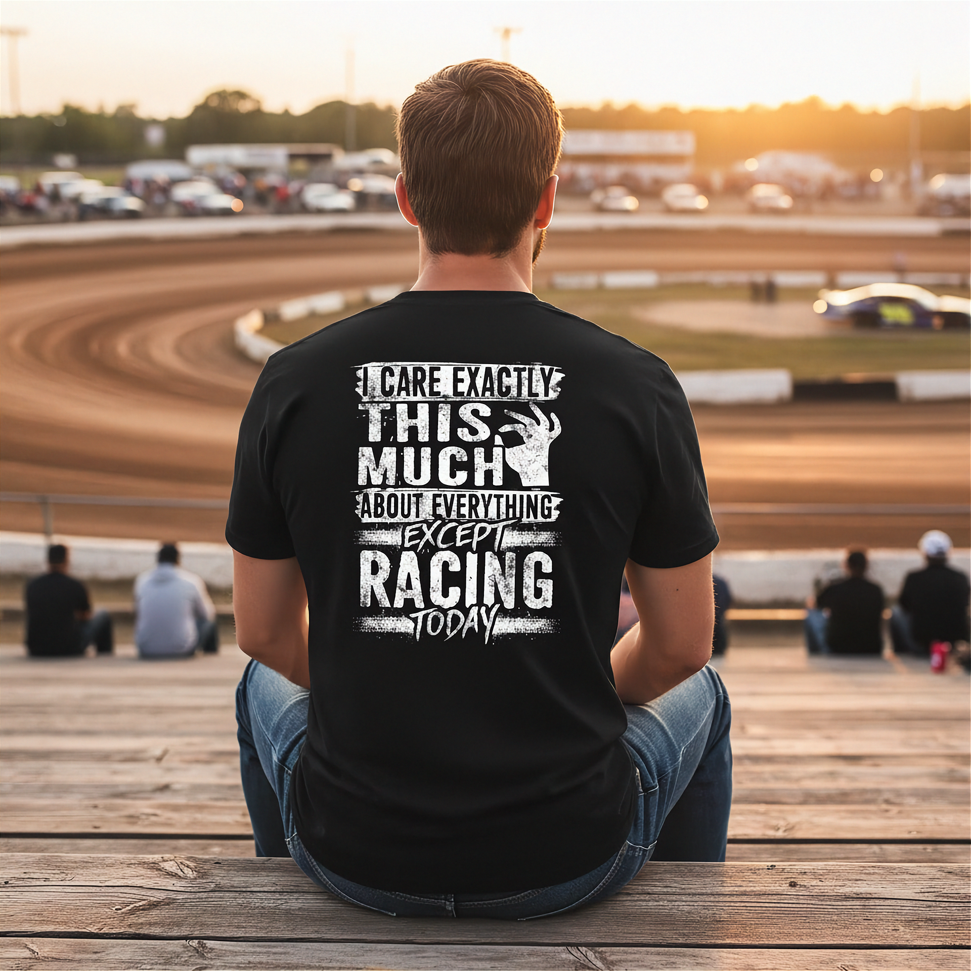 Unisex racing t-shirt featuring the funny quote I Care Exactly This Much About Everything Except Racing Today for motorsports and speedway fans.