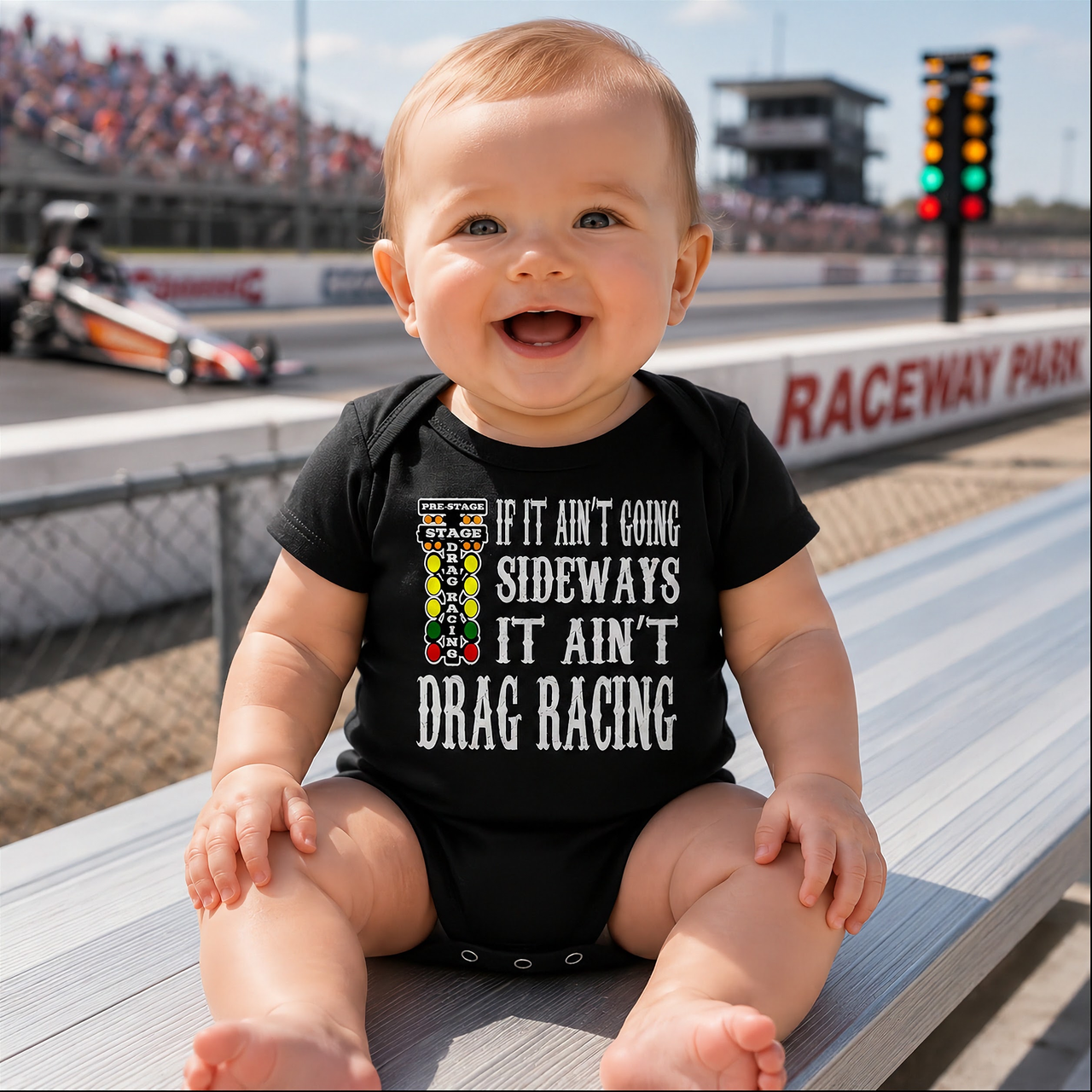 A young child standing in the pit area of a drag strip wearing an "If It Ain't Going Sideways" youth hoodie, happily holding a checkered flag while a race car sits in the background.
