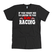 Black t-shirt with white text about racing on a white background