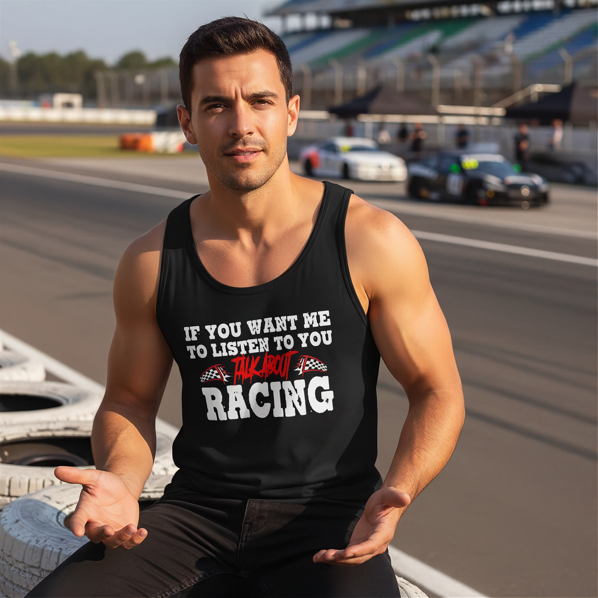 man wearing a Black t-shirt with a racing red and white text and graphics on a white background