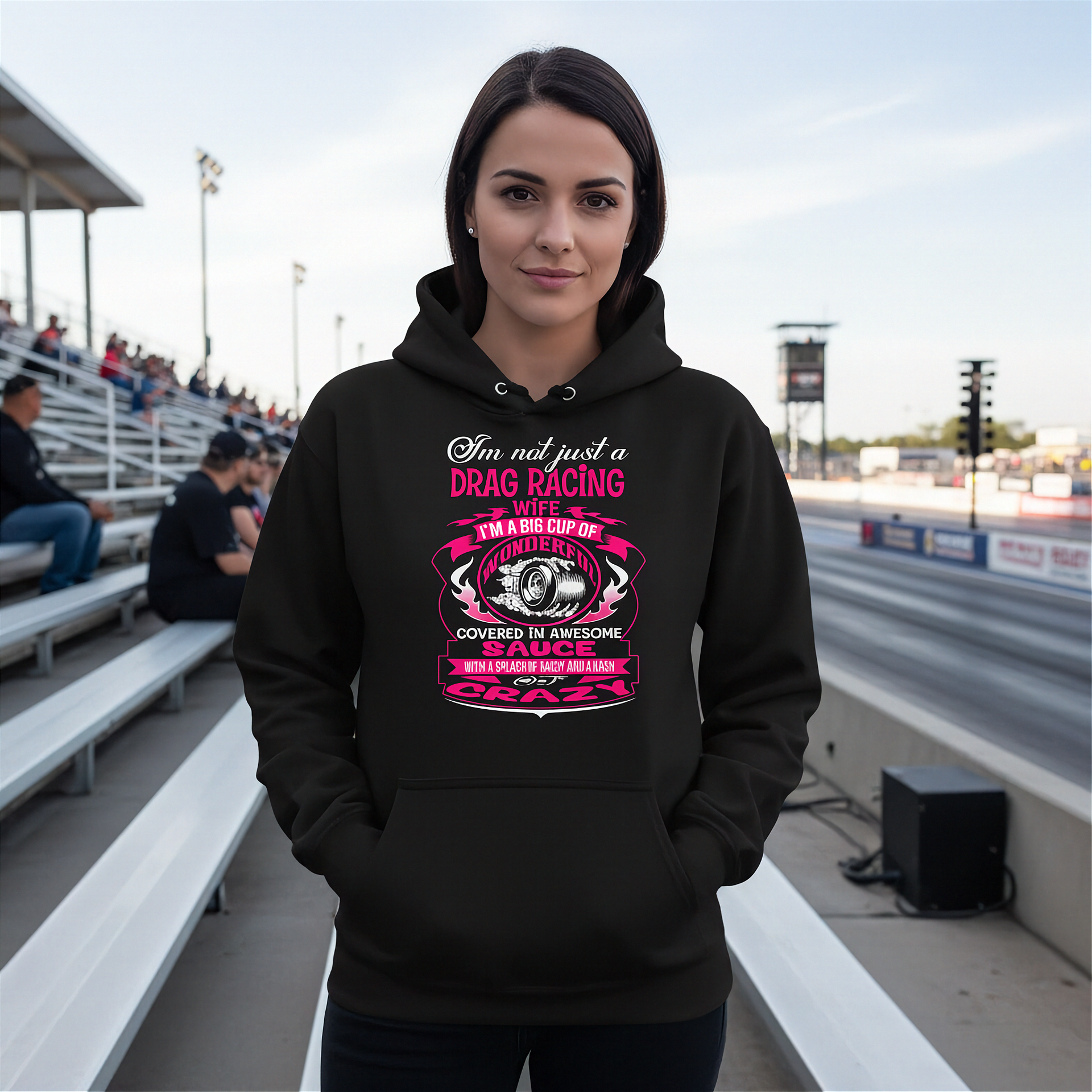 Women's drag racing apparel featuring the quote I'm Not Just A Drag Racing Wife for racing spouses, pit lane crew members, and motorsports fans.