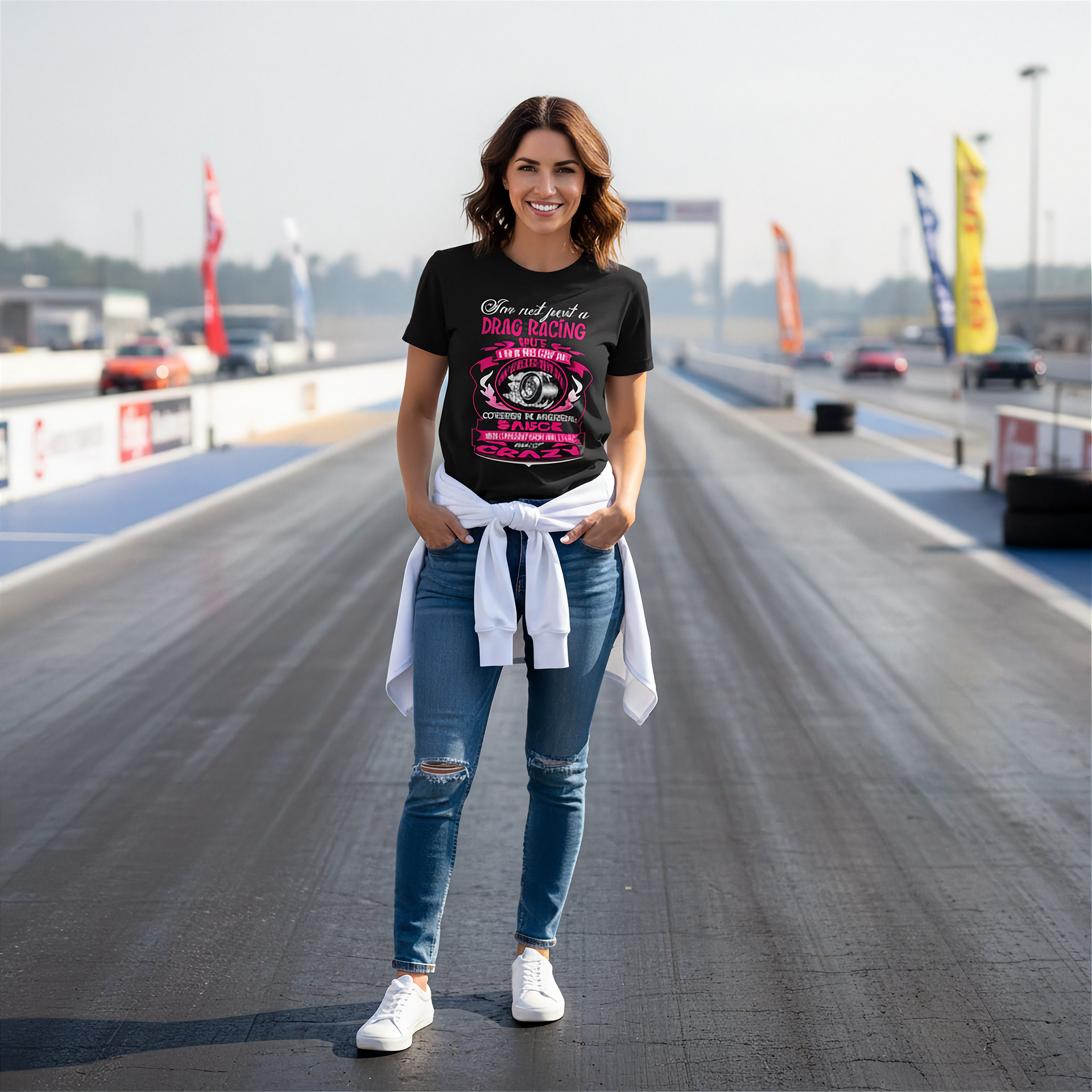 Women's drag racing apparel featuring the quote I'm Not Just A Drag Racing Wife for racing spouses, pit lane crew members, and motorsports fans.