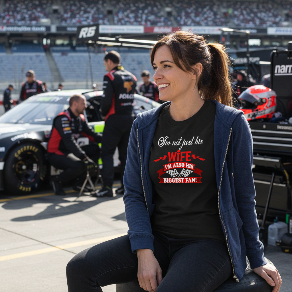 Women's racing apparel featuring the supportive quote I'm Not Just His Wife I'm Also His Biggest Fan for pit crew and trackside wives.