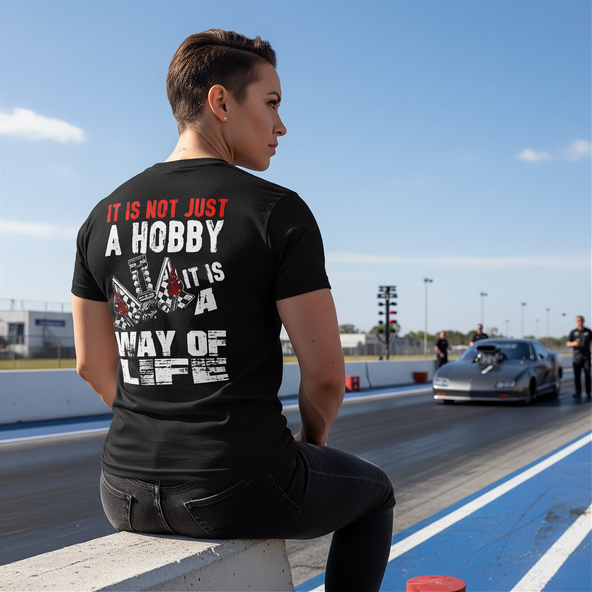Custom drag racing apparel featuring the quote It Is Not Just A Hobby It Is A Way Of Life for quarter-mile fans and hot rod enthusiasts.