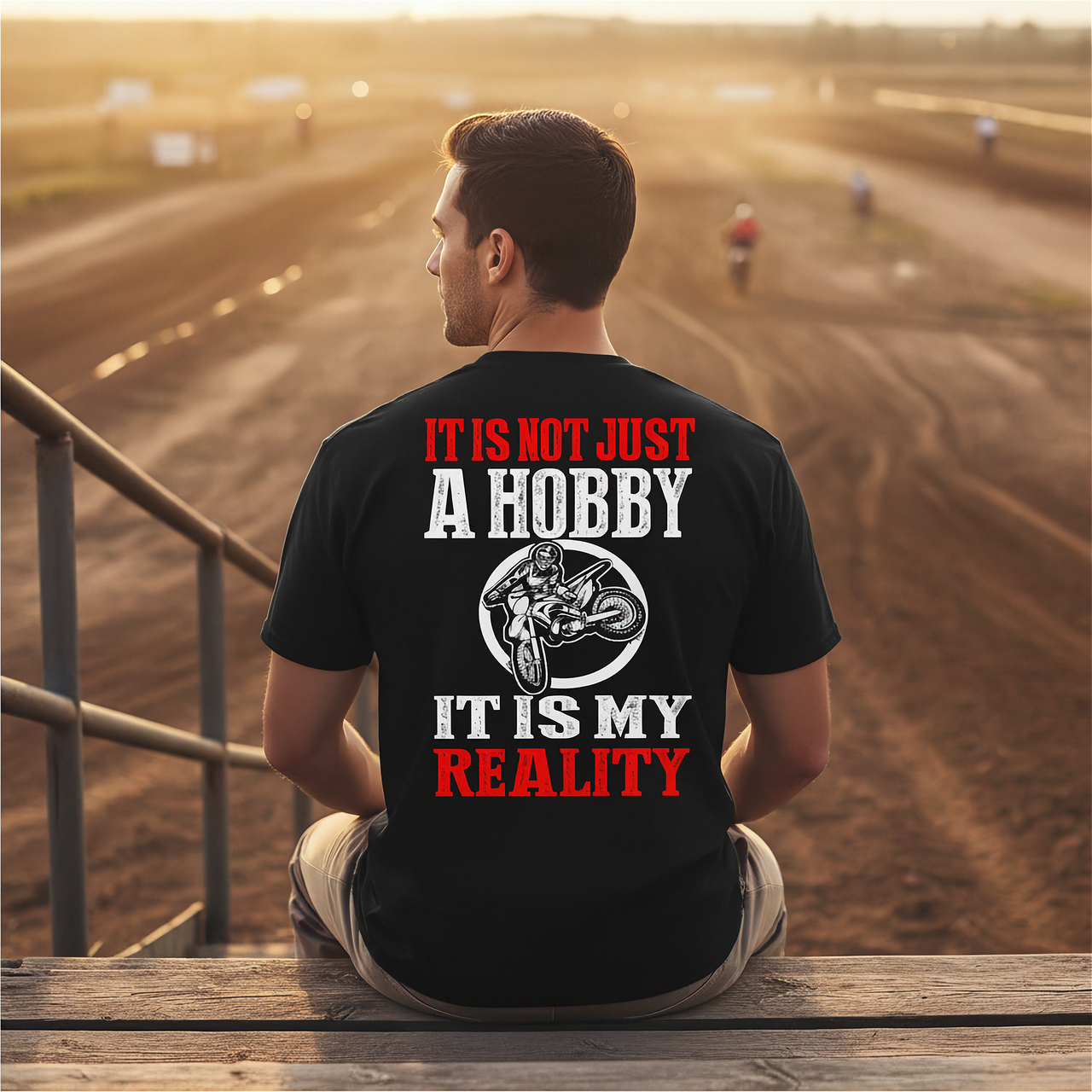 Custom motocross apparel featuring the quote It Is Not Just A Hobby It Is My Reality for dirt bike racers and supercross fans.