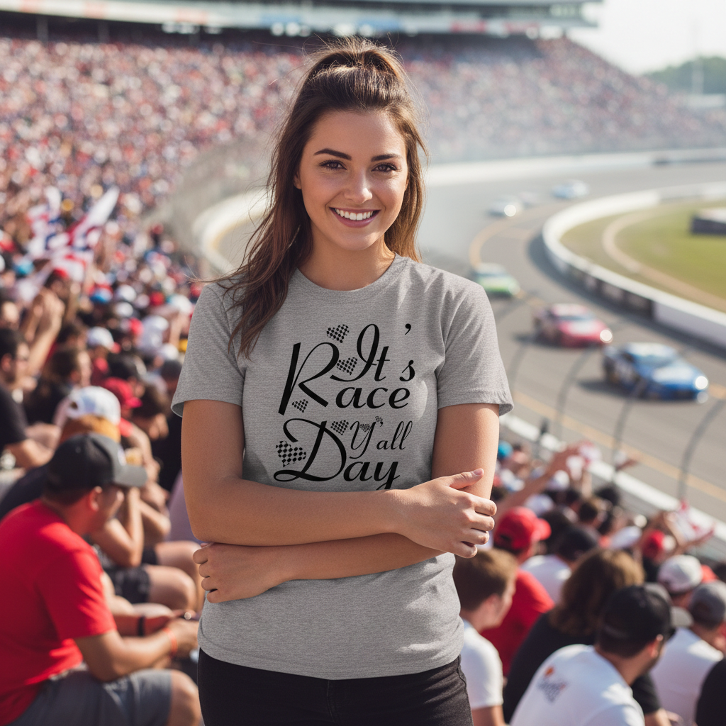 Women's casual racing apparel featuring the text It's Race Day Y'all for stock car, dirt track, and motorsports fans.