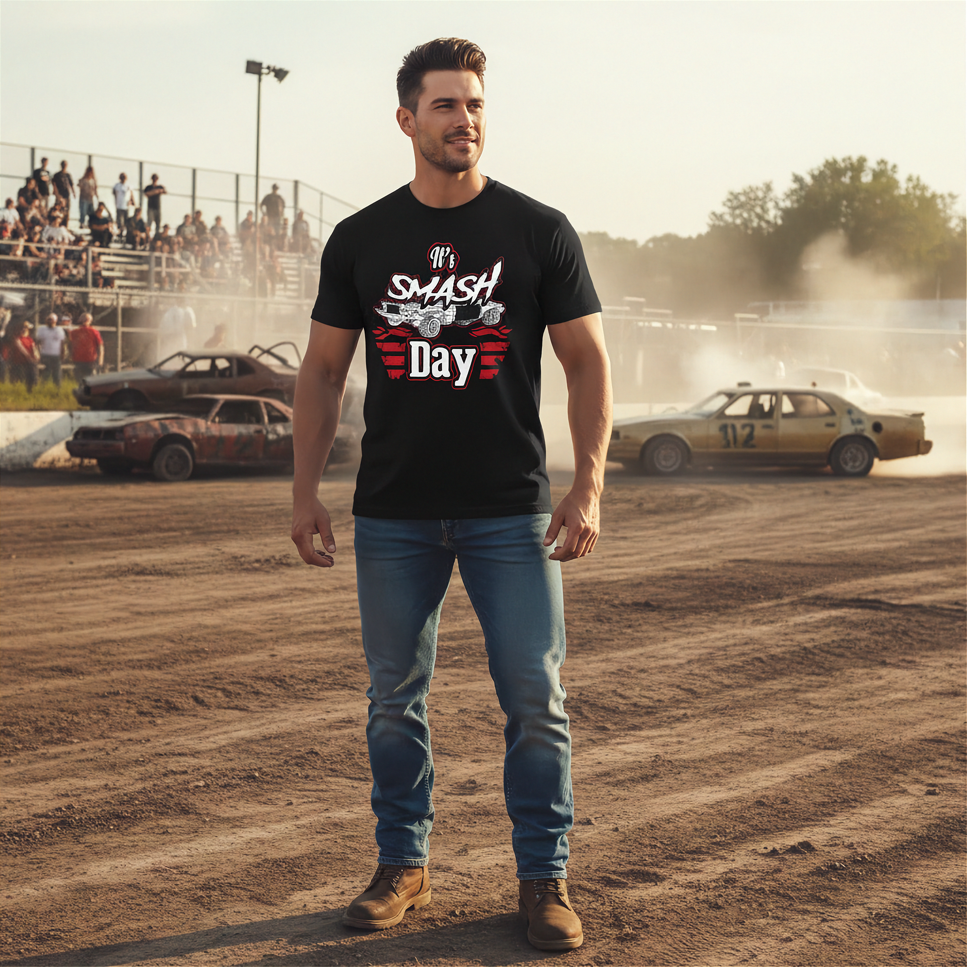 Funny crash arena apparel featuring the quote It's Smash Day for demolition derby drivers, pit crew mechanics, and county fair motorsport fans.