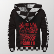 Black hoodie with red text and checkered pattern on a white background