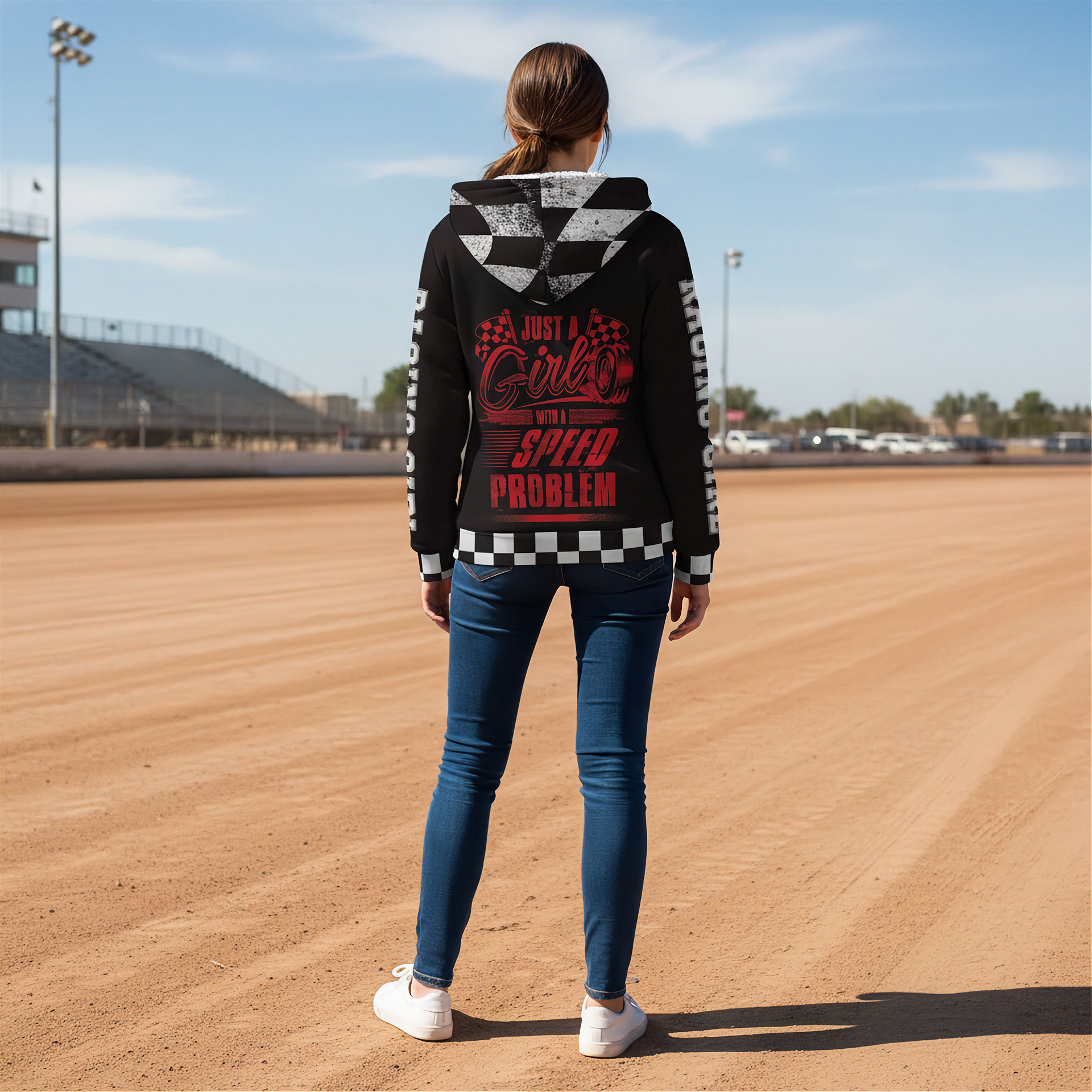 woman standing on a race track wearing a black t-hoodie and dark jeans with a clear blue sky.