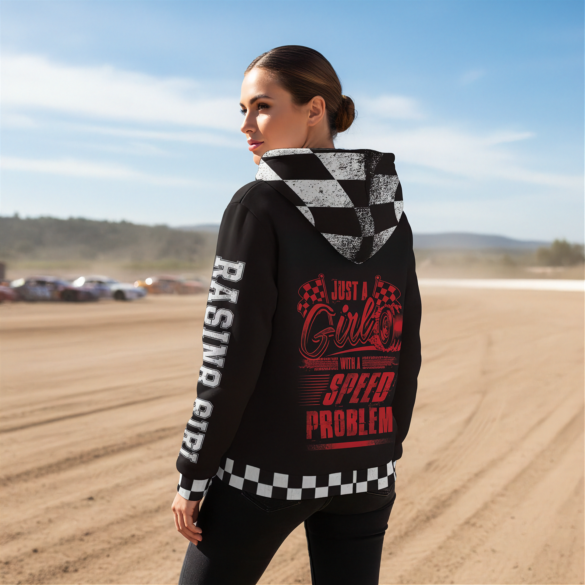 a woman standing at a dirt track wearing a racing sherpa jacket