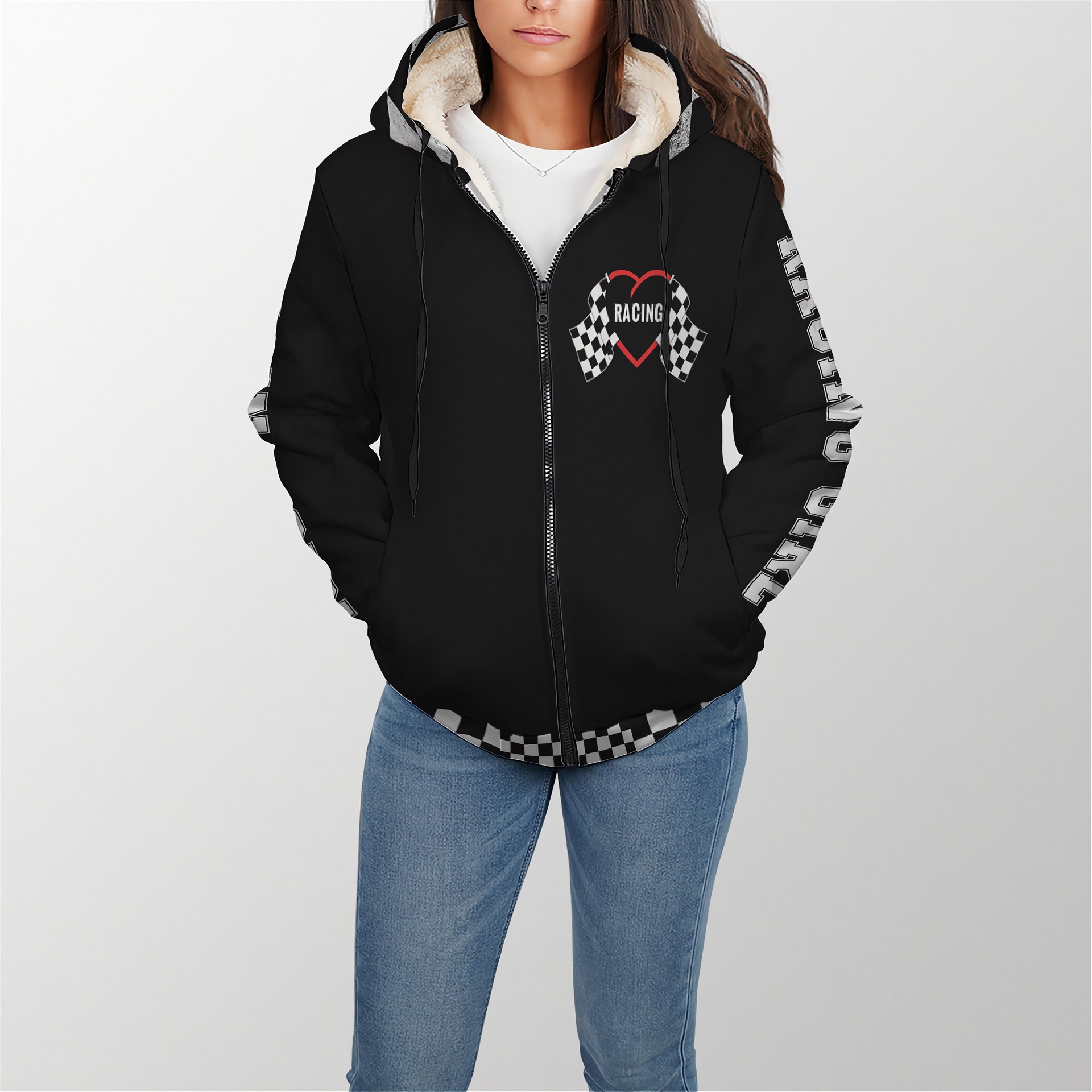 a girl standing wearing a racing girl sherpa jacket with white background