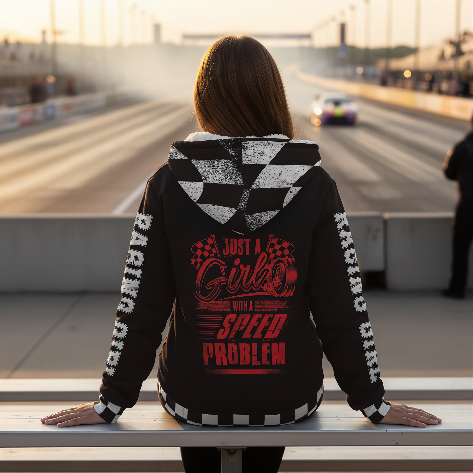 a woman sitting at a dragstrip wearing a hoodie with "just a girl with speed problem" racing sherpa jacket motorsports hoodie