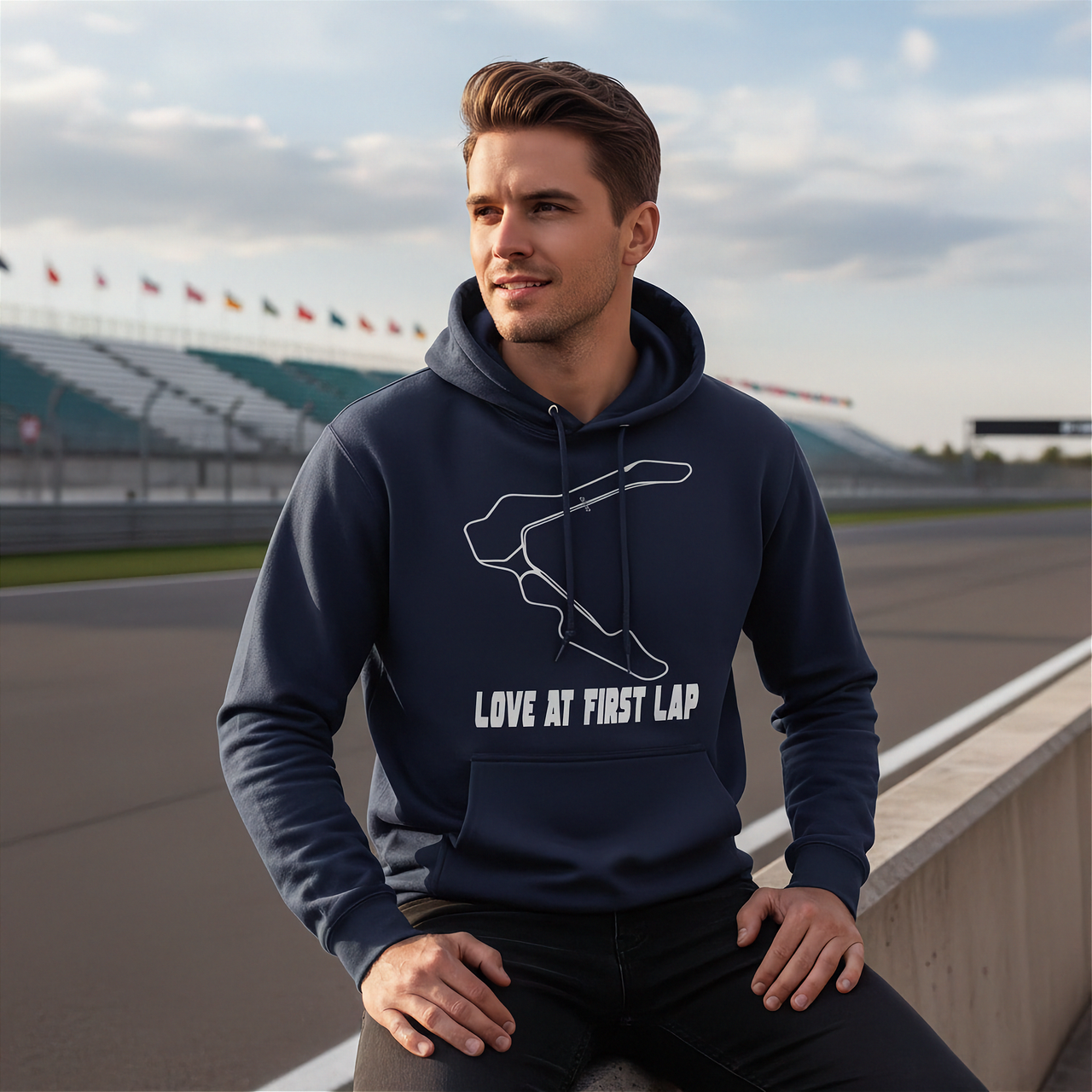Custom motorsports apparel featuring the quote Love At First Lap for Pittsburgh International Race Complex drivers and track day enthusiasts.