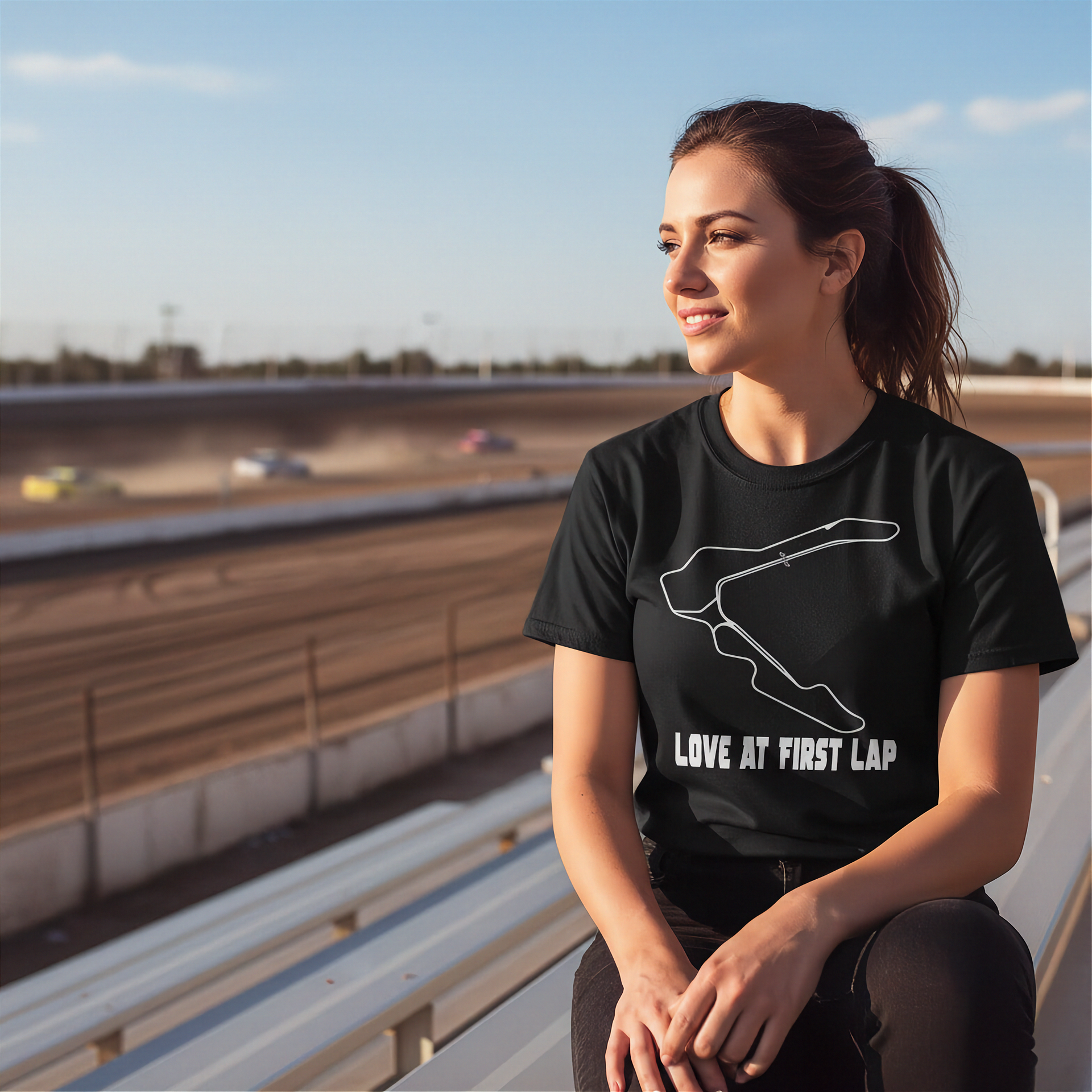 Custom motorsports apparel featuring the quote Love At First Lap for Pittsburgh International Race Complex drivers and track day enthusiasts.