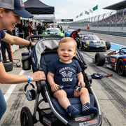 Baby in a stroller at a race track with a woman, surrounded by racing cars and equipment.