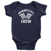 Navy blue baby onesie with 'Mommy's Pit Crew' text and checkered flags on a white background