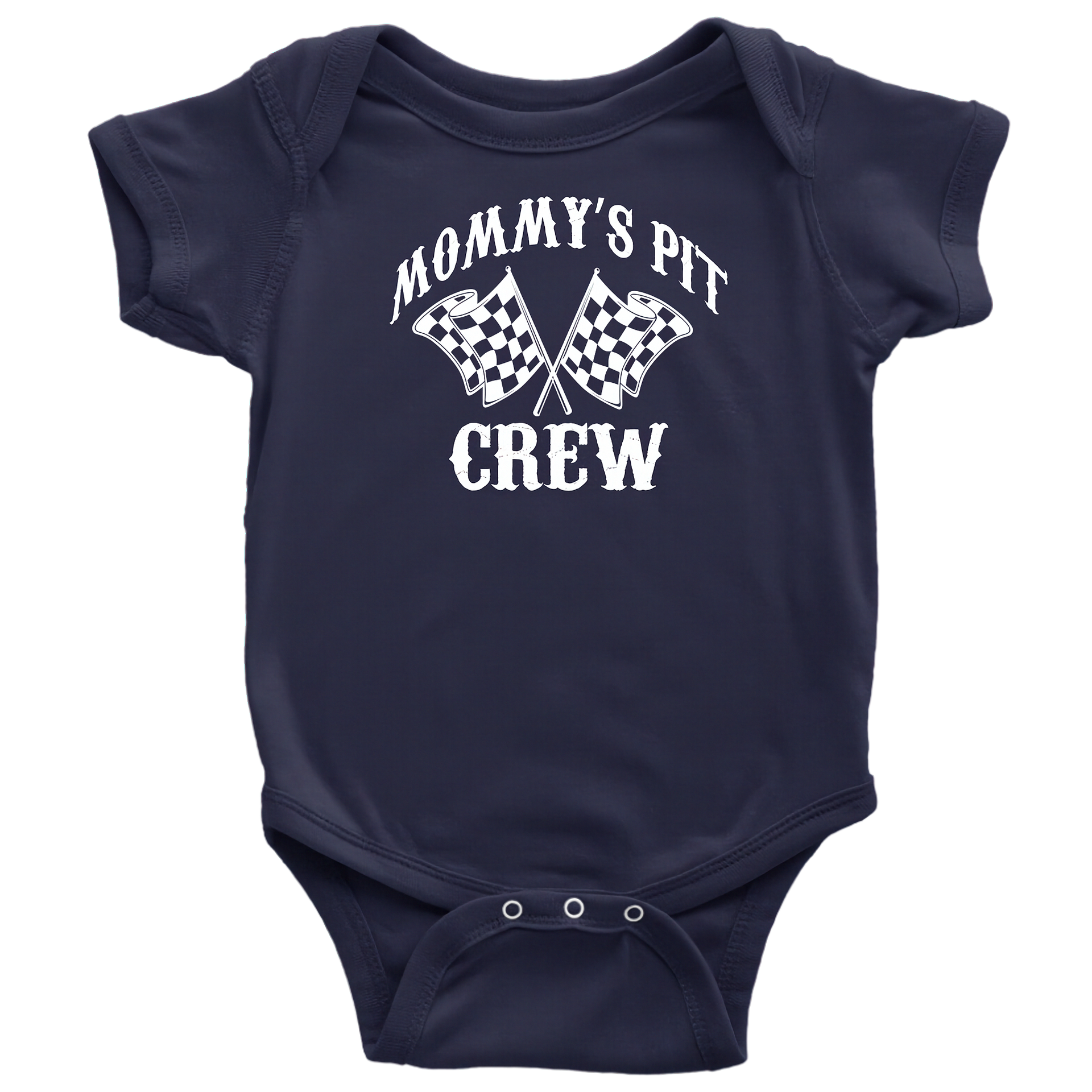 Navy blue baby onesie with 'Mommy's Pit Crew' text and checkered flags on a white background