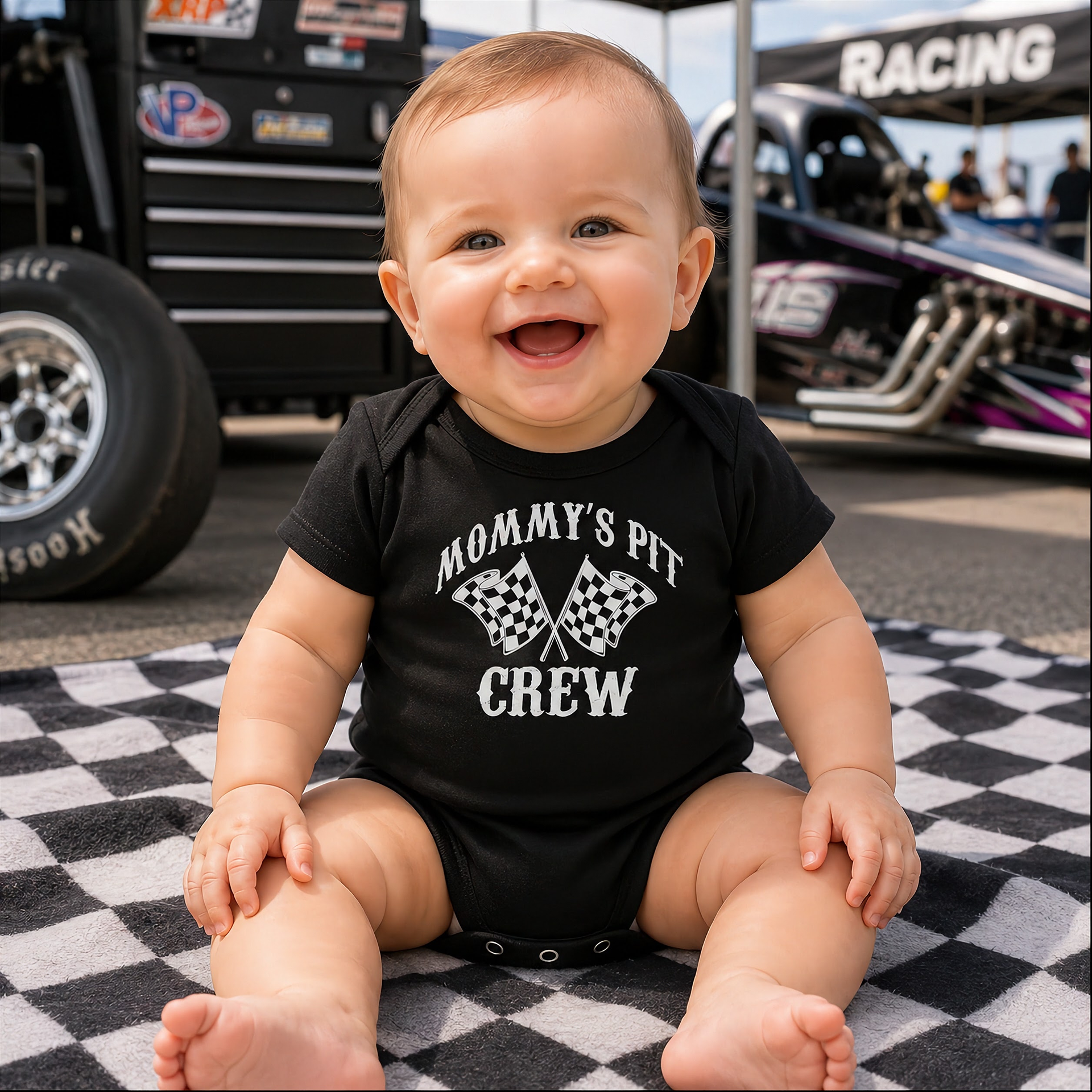 Baby wearing a black 'Mommy's Pit Crew' onesie sitting on a checkered blanket with racing equipment in the background.