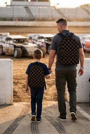 Muddy racing checkered track backpack designed for back to school and dirt track racing fans, featuring a mud-splattered checkerboard print and padded straps.