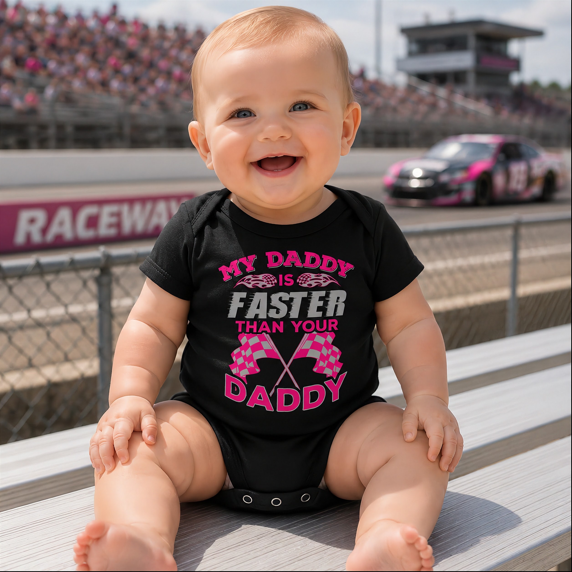 A proud, smiling racing dad in a fire suit holding his baby, who is wearing a cute "My Daddy Is Faster Than Your Daddy" bodysuit, standing confidently next to a colorful race car in the pit area.