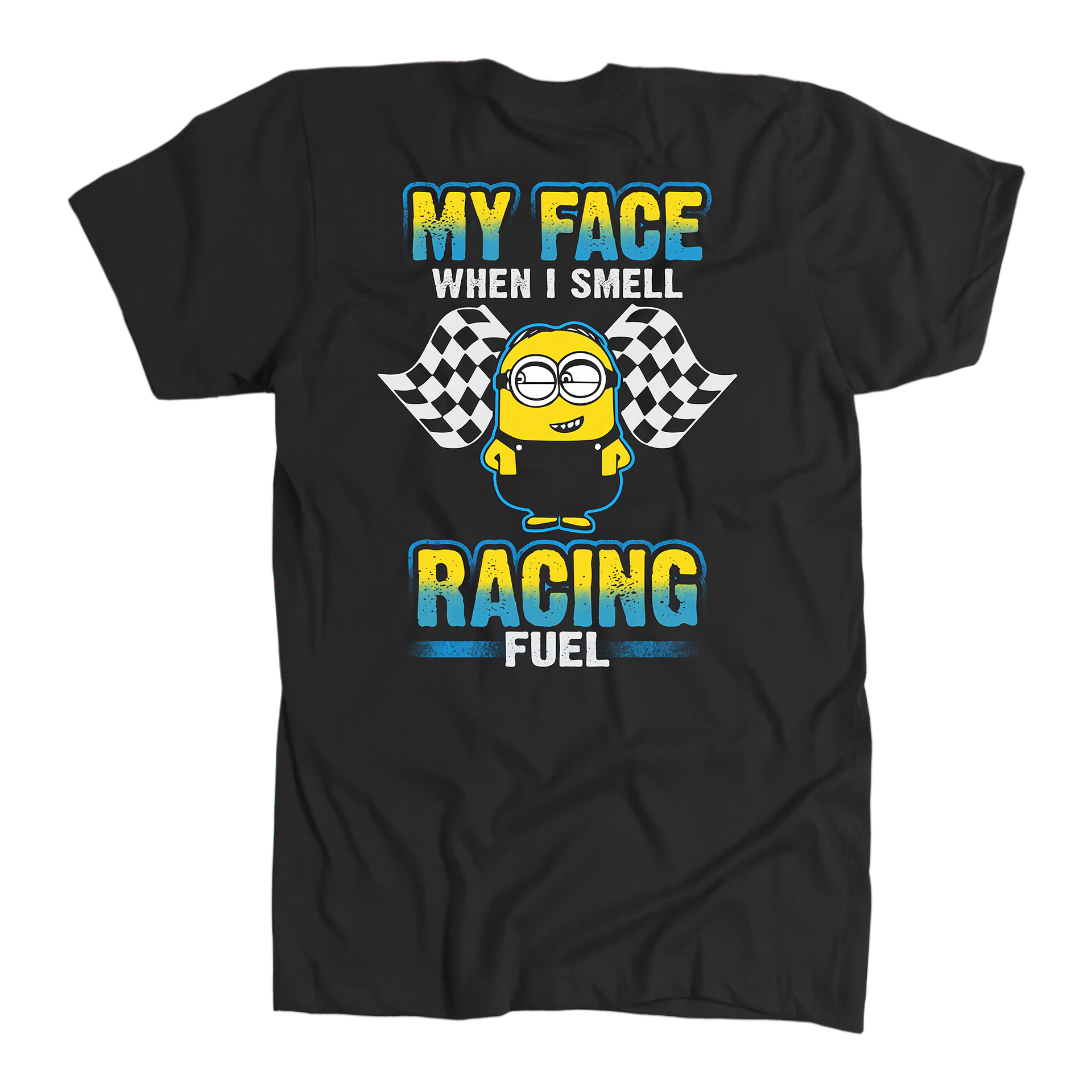 Funny motorsports graphic apparel featuring the quote My Face When I Smell Racing Fuel for car enthusiasts, drag strip spectators, and garage mechanics.