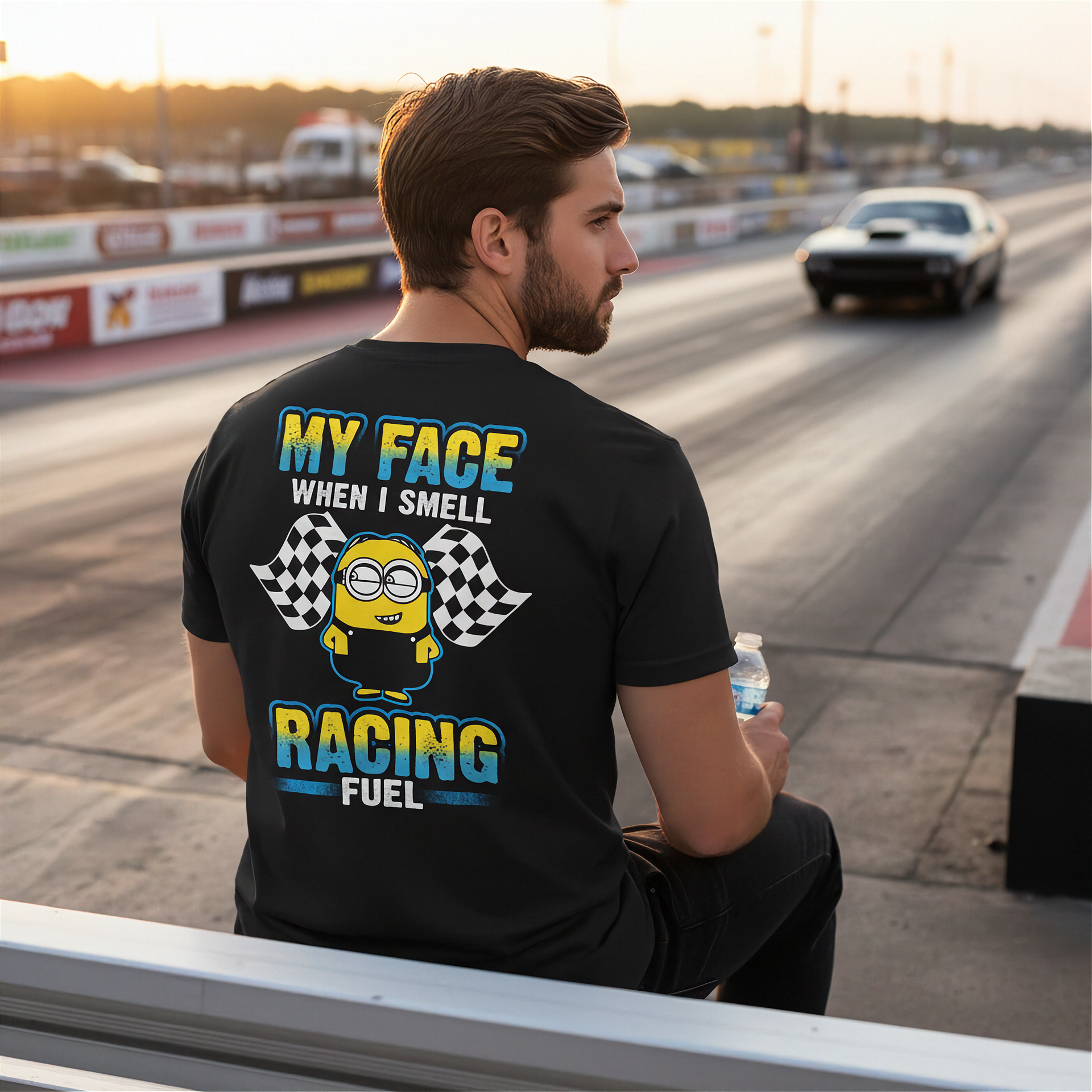 Funny motorsports graphic apparel featuring the quote My Face When I Smell Racing Fuel for car enthusiasts, drag strip spectators, and garage mechanics.