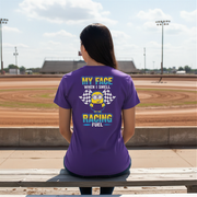Funny motorsports graphic apparel featuring the quote My Face When I Smell Racing Fuel for car enthusiasts, drag strip spectators, and garage mechanics.