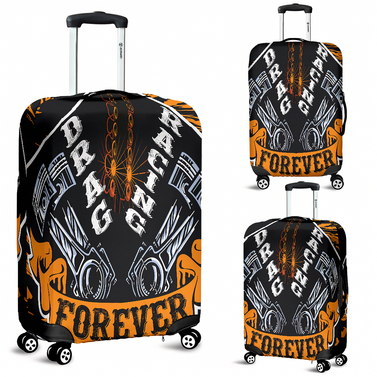 Fiery orange drag racing themed luggage cover designed for motorsport fans, featuring a protective stretch-fit spandex blend and a zipper-bottom.