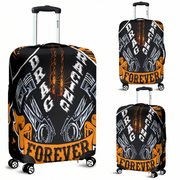 Fiery orange drag racing themed luggage cover designed for motorsport fans, featuring a protective stretch-fit spandex blend and a zipper-bottom.