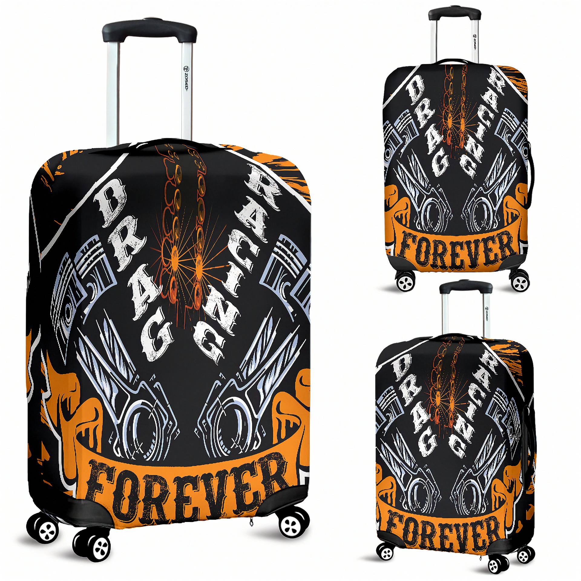 Fiery orange drag racing themed luggage cover designed for motorsport fans, featuring a protective stretch-fit spandex blend and a zipper-bottom.