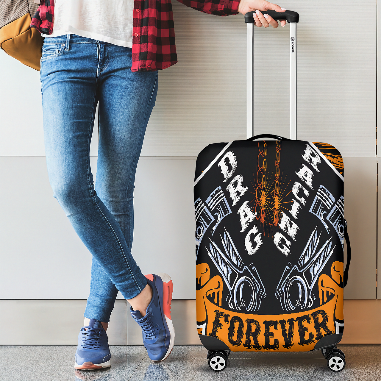 Fiery orange drag racing themed luggage cover designed for motorsport fans, featuring a protective stretch-fit spandex blend and a zipper-bottom.