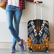Fiery orange drag racing themed luggage cover designed for motorsport fans, featuring a protective stretch-fit spandex blend and a zipper-bottom.