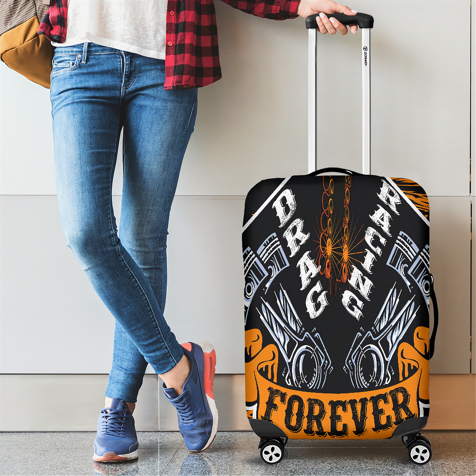 Fiery orange drag racing themed luggage cover designed for motorsport fans, featuring a protective stretch-fit spandex blend and a zipper-bottom.