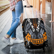 Fiery orange drag racing themed luggage cover designed for motorsport fans, featuring a protective stretch-fit spandex blend and a zipper-bottom.