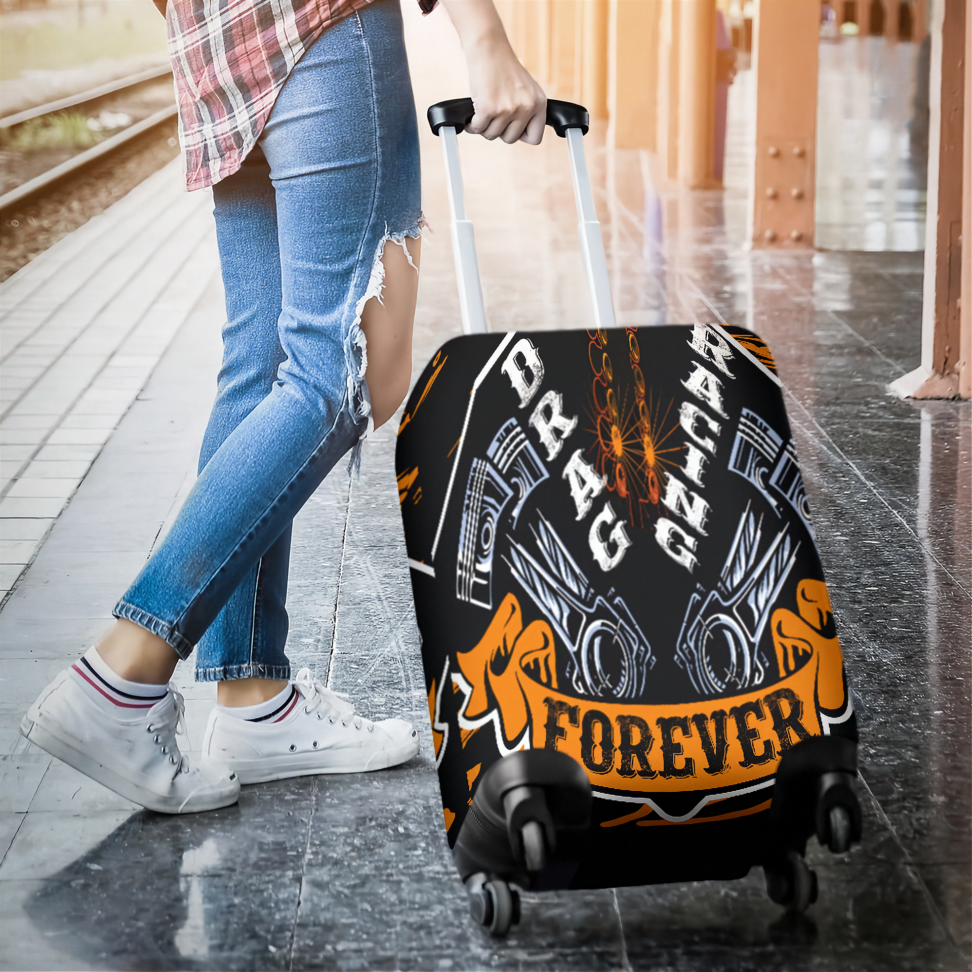 Fiery orange drag racing themed luggage cover designed for motorsport fans, featuring a protective stretch-fit spandex blend and a zipper-bottom.