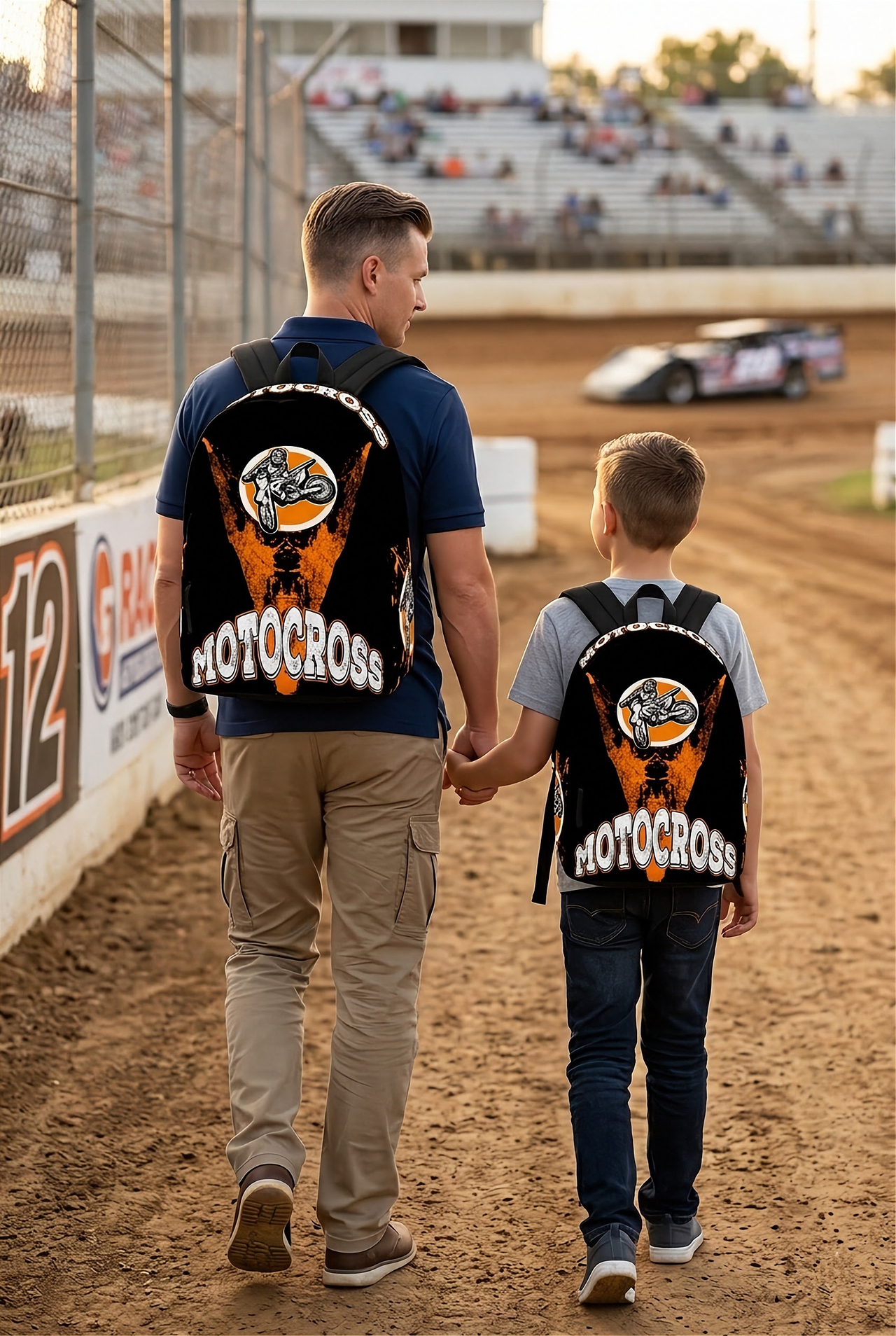 Orange motocross track backpack designed for back to school and dirt bike fans, featuring adjustable ergonomic straps and airflow mesh padding.