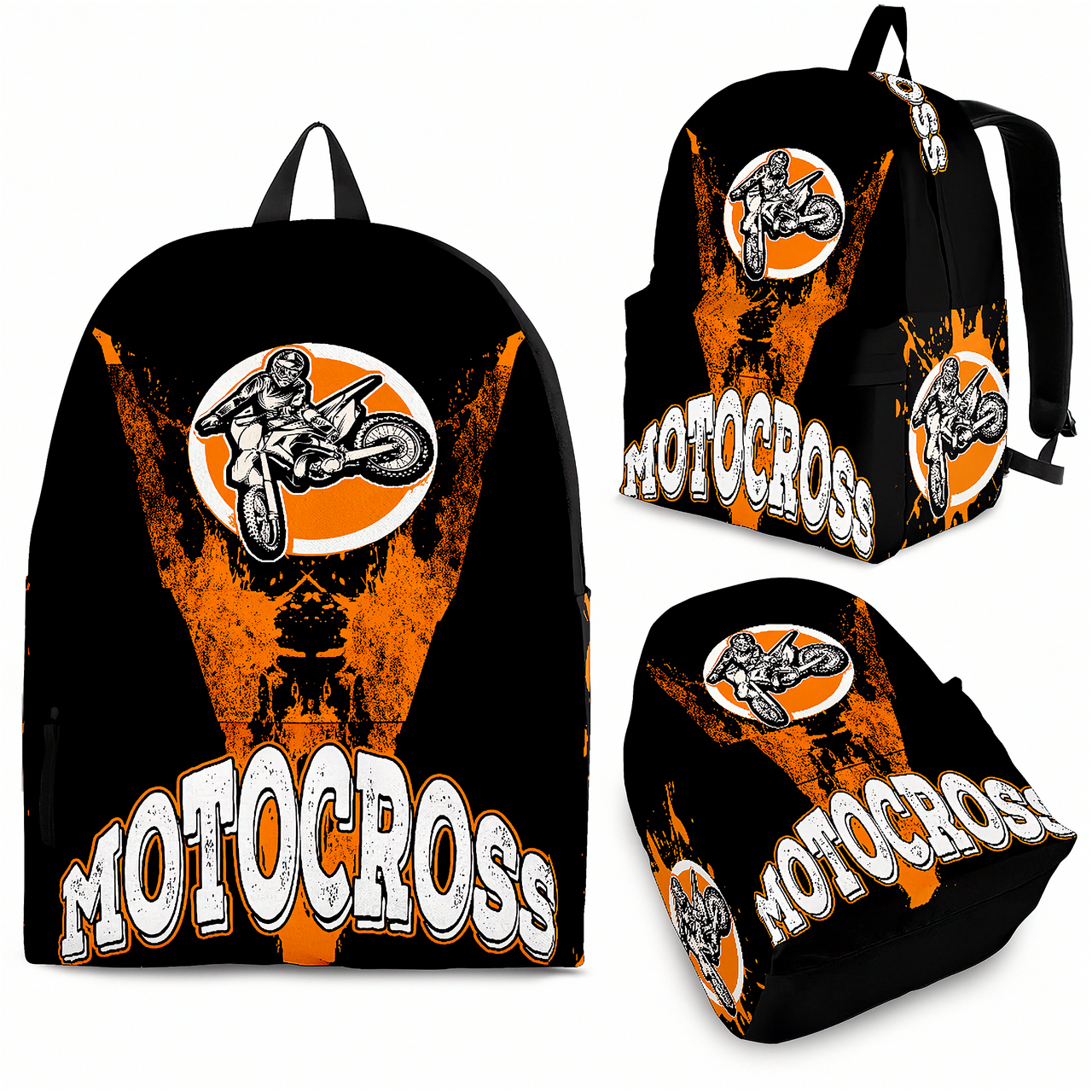 Orange motocross track backpack designed for back to school and dirt bike fans, featuring adjustable ergonomic straps and airflow mesh padding.