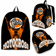 Orange motocross track backpack designed for back to school and dirt bike fans, featuring adjustable ergonomic straps and airflow mesh padding.