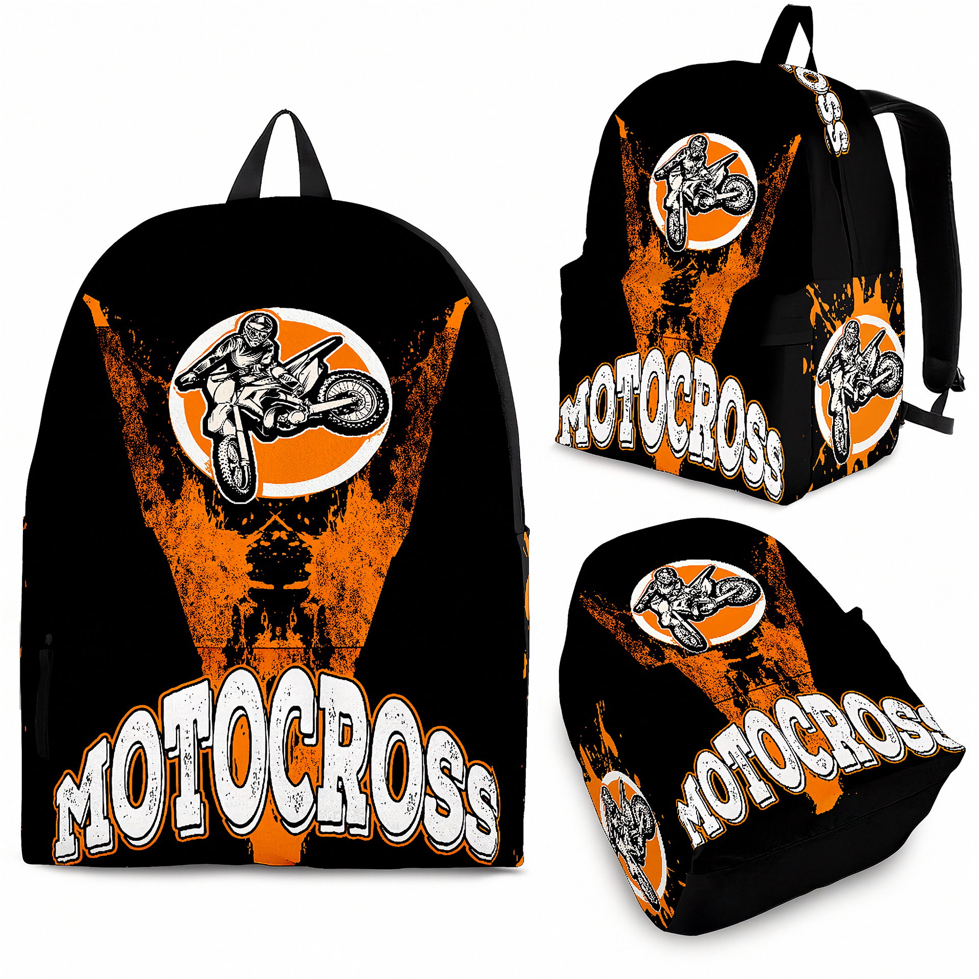 Orange motocross track backpack designed for back to school and dirt bike fans, featuring adjustable ergonomic straps and airflow mesh padding.