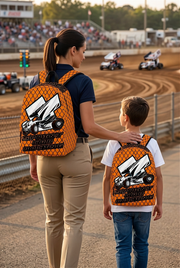 Vibrant orange sprint car racing backpack designed for back to school and motorsport fans, featuring adjustable ergonomic straps and airflow mesh.